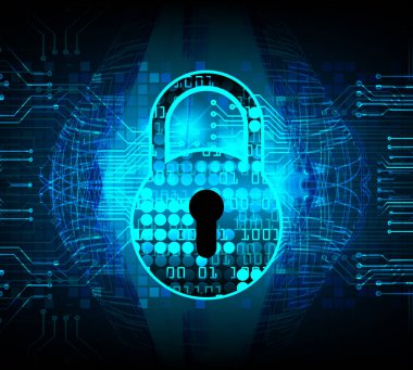 Dijital teknoloji arkaplanı üzerinde asma kilit simgesi olan siber güvenlik kavramı, vektör illüstrasyonu