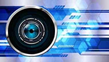 Mavi gözlü ve ikili kodlu fütürist teknoloji arka planı