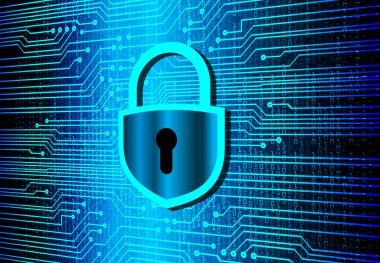 Mavi arka planda asma kilit ve devre kartı olan güvenlik kavramı