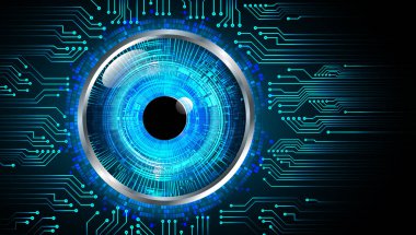 Arka planda sanal cam desenli soyut mavi göz