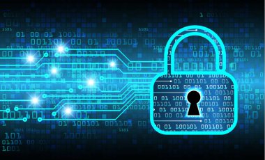 dijital güvenlik kavramı: ikili kodlu devre kartı ve mavi arkaplanda asma kilit.