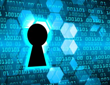 Anahtar deliğiyle mavi ikili kodların 3d illüstrasyonu