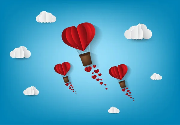 Κόκκινο Μπαλόνι Καρδιές Και Σύννεφα Στον Ουρανό — Διανυσματικό Αρχείο