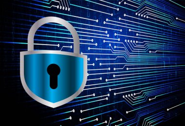 Mavi devre kartında asma kilit olan güvenlik sistemi kavramı