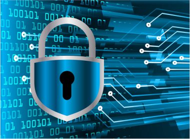 İkili kod ve asma kilitle bilgisayar güvenliği kavramının 3D çizimi