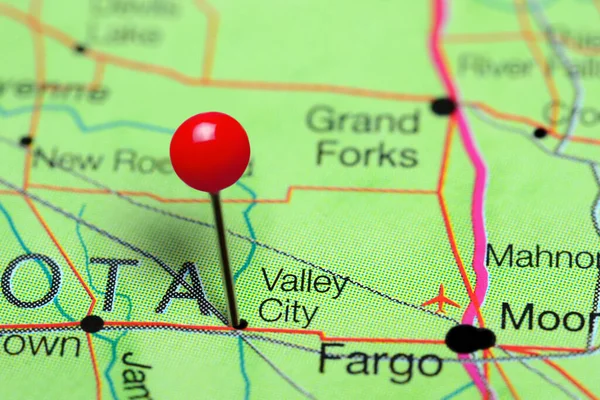 Valley City pinned on a map of North Dakota, USA
