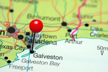 Galveston pinned on a map of Texas, USA clipart