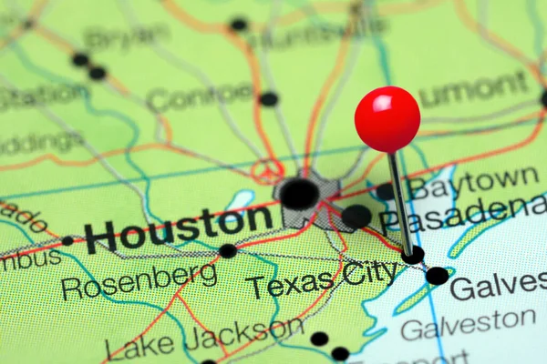 Texas City pinned on a map of Texas, USA