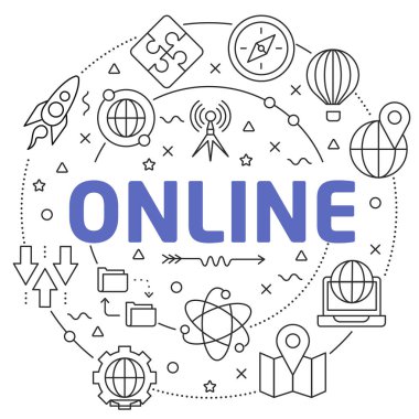 Hatları düz illüstrasyon çember ve online simgeleri