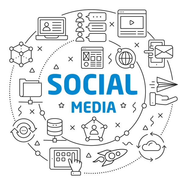 Linii ilustracja koło płaskim i ikony mediów społecznościowych — Wektor stockowy