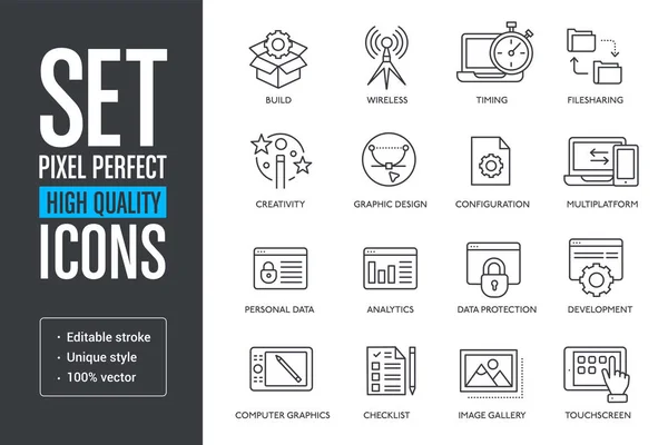 Definir pixel vetorial perfeito ícones de linhas de alta qualidade —  Vetores de Stock