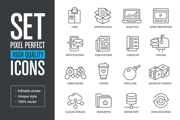 Definir pixel vetorial perfeito ícones de linhas de alta qualidade —  Vetores de Stock