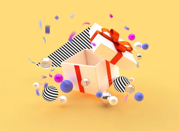 Illustration of 3D render gift holiday promotion banner box balls — Stock Photo, Image