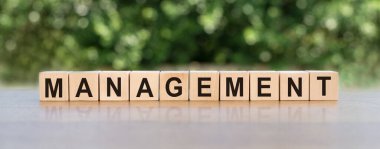 Ahşap bloklara yeşil arka planlı bir masanın üzerine yazılmış bir kelime. Tasarımınız için iş kavramı