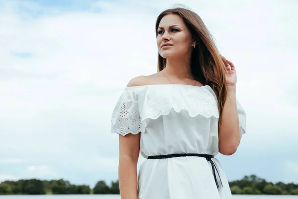 Happy Glamorous Beautiful Girl White Light Dress Background Sky — Stock Photo, Image