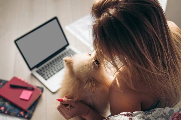Güzel bir kadın evde çalışıyor. Dokumentleri ve laptopuyla. Köpek ona yardım ediyor. Kız, Pomeranya salyasıyla öpüşüyor. Evden çalışma kavramı. Aşk Bakımı, Rahatlık ve Arkadaşlık kavramını kabul et. WFH