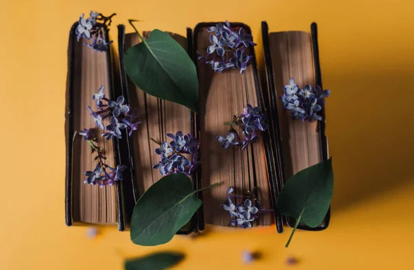 Egy Halom Könyv Virágokkal Oldalak Között Egy Sárga Asztalon — Stock Fotó