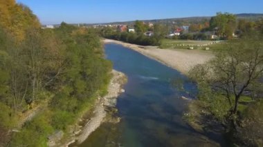 Drone hava, üst görünümden: dağ orman ve nehir üzerinde uçan.