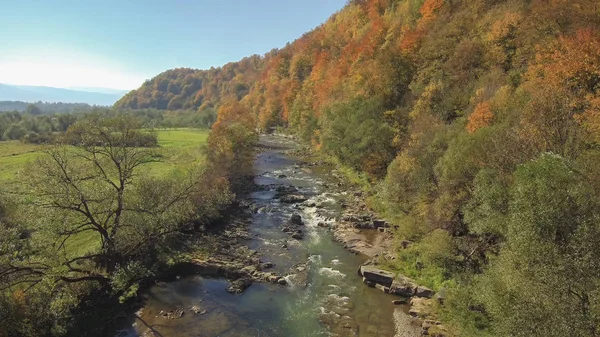 Vista aérea superior de Drone: sobrevoando a montanha com floresta e rio . — Fotografia de Stock