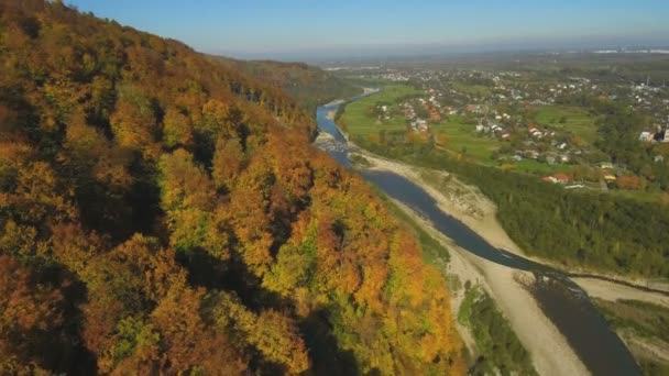 Εναέρια, κορυφαία θέα από Drone: πετούν πάνω από το βουνό με το δάσος και το ποτάμι. — Αρχείο Βίντεο