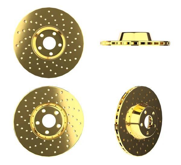 Auto peças de reposição para carro, discos de freio de ouro no fundo branco — Fotografia de Stock
