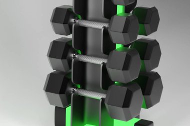 3D render. Spor beyaz bir arka plan üzerinde izole dumbell set özel bir siyah metal stand üzerine katlanmış.