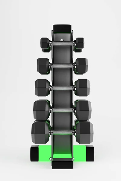 3D-rendering. Set geïsoleerde dumbbells voor sport op een witte achtergrond op een speciale zwarte metalen standaard gevouwen. — Stockfoto