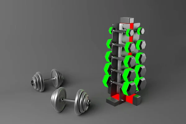 3D render. Spor beyaz bir arka plan üzerinde izole dumbell set özel bir siyah metal stand üzerine katlanmış. — Stok fotoğraf