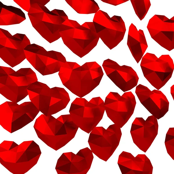 Renderização 3D. Muitos coração poligonal vermelho, dia dos namorados — Fotografia de Stock