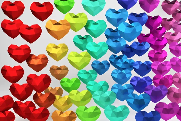 3D-rendering. Vele veelkleurige veelhoekige harten, Valentijnsdag — Stockfoto