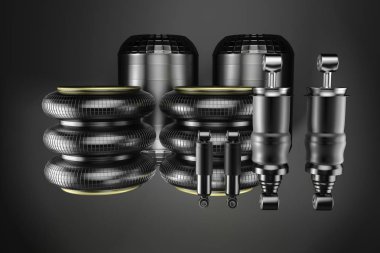 3D rendering. Trucks Cabin Shock Absorber and air spring, New auto parts, spare parts Cabinedemper.