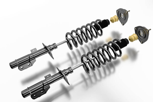 3D rendering. Passenger car Shock Absorber with dust cap, buffer mounting and strut mounting