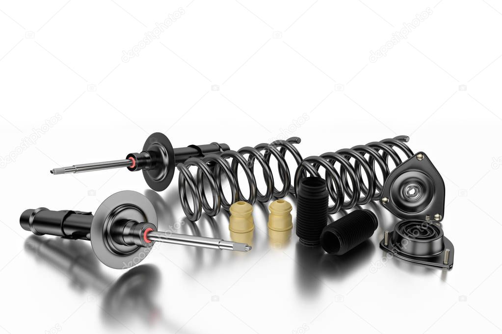3D rendering. Passenger car Shock Absorber with dust cap, buffer mounting and strut mounting