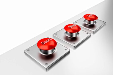 3D render. Kırmızı web düğmeleri ile Başlat, durdur, yardım.