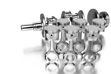 3D render. Piston ve piston halkaları ile motoru taşıyan krank mili.