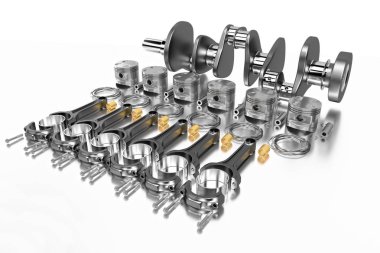 3D render. Piston ve piston halkaları ile motoru taşıyan krank mili.