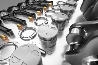 3D render. Piston ve piston halkaları ile motoru taşıyan krank mili.