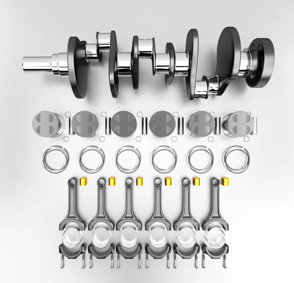 Representación 3D. Cigüeñal del cojinete del motor con pistones y anillos de pistón . — Foto de Stock