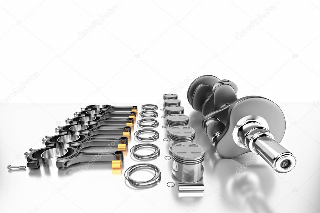 3D rendering. Engine bearing crankshaft with pistons and piston rings.