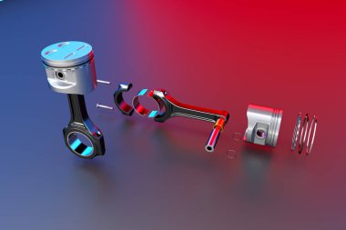 3D render. Motor piston piston halkaları ile.
