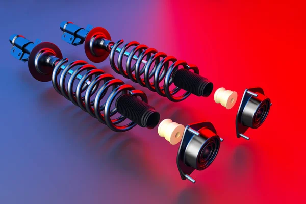 Passenger car Shock Absorber with dust cap, buffer mounting and strut mounting. 3D rendering. — Stock Photo, Image