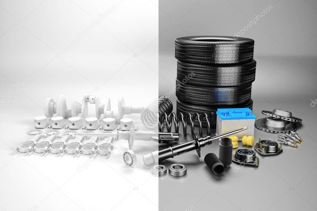 Auto parts spare parts car on the grey background. 3D rendering