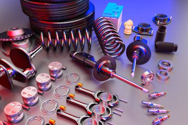 Gri arka planda otomobil yedek parça araba. 3d render