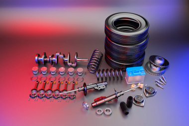 Gri arka planda otomobil yedek parça araba. 3d render