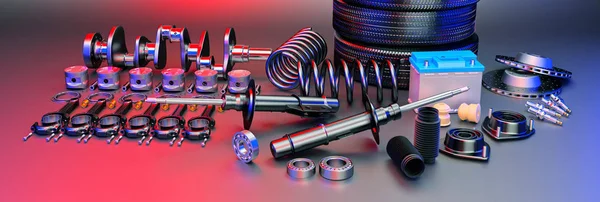 Auto Parts reserveonderdelen Car op de grijze achtergrond. 3D-rendering — Stockfoto