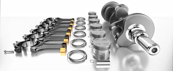 3D render. Piston ve piston halkaları ile motoru taşıyan krank mili.