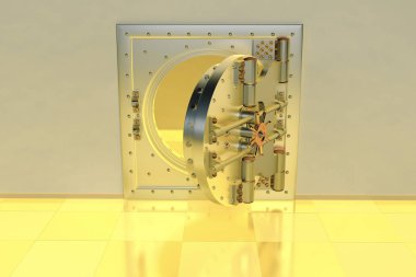 Açık altın banka kasa kapısının ön görünümü, kapalı. 3D render