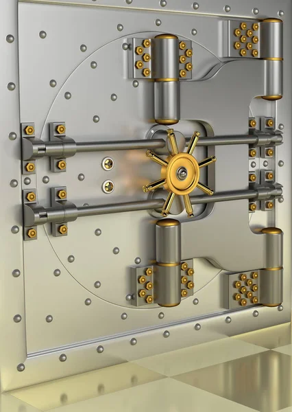 Front view of light gold bank vault door, closed. 3D Render