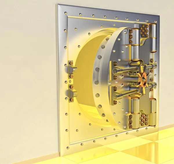 Front view of light gold bank vault door, closed. 3D Render