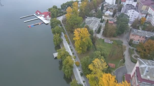 Antena, widok z góry z drone. Rzeka z pięknymi plażami i wyspą dla miłośników. — Wideo stockowe